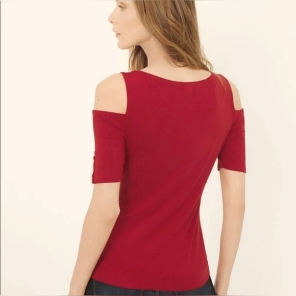 White House Black Market Burgundy Ruched Short Sleeve Cold Shoulder Top Size M - Picture 6 of 7